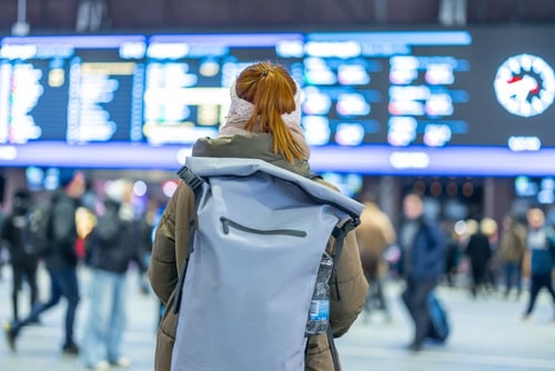 Achteraanzicht van een vrouw met rugzak voor een informatiebord op het station, Oslo, achtergrond is onscherp